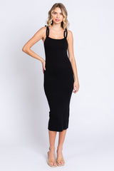 Black Ribbed Chain Link Strap Midi Dress