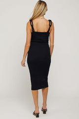 Black Ribbed Chain Link Strap Maternity Midi Dress