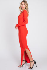 Red Orange Rib Knit Collared Maxi Dress