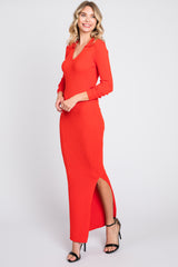 Red Orange Rib Knit Collared Maternity Maxi Dress