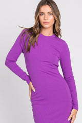 Purple Ribbed Mock Neck Long Sleeve Midi Dress