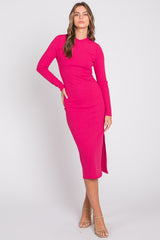 Fuchsia Ribbed Mock Neck Long Sleeve Midi Dress