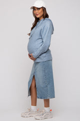 Blue Drawstring Hooded Maternity Sweater