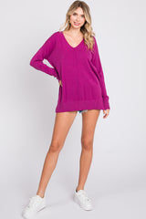 Magenta Long Sleeve Side Slit Sweater