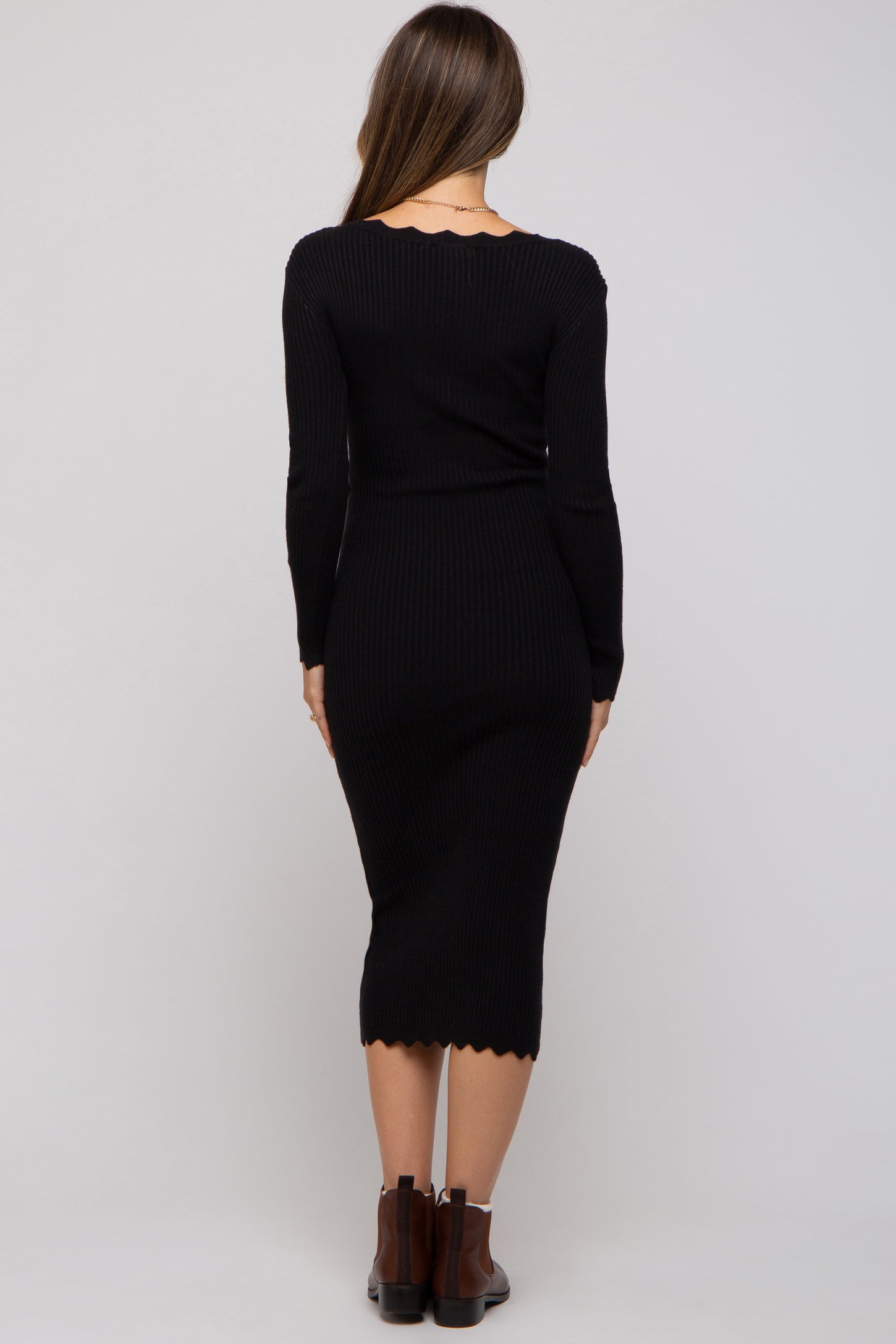 Black Ribbed Long Sleeve Midi Bodycon Dress | SilkFred UAE