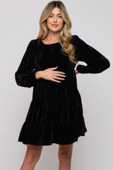 Black Velvet Tiered Long Sleeve Maternity Dress