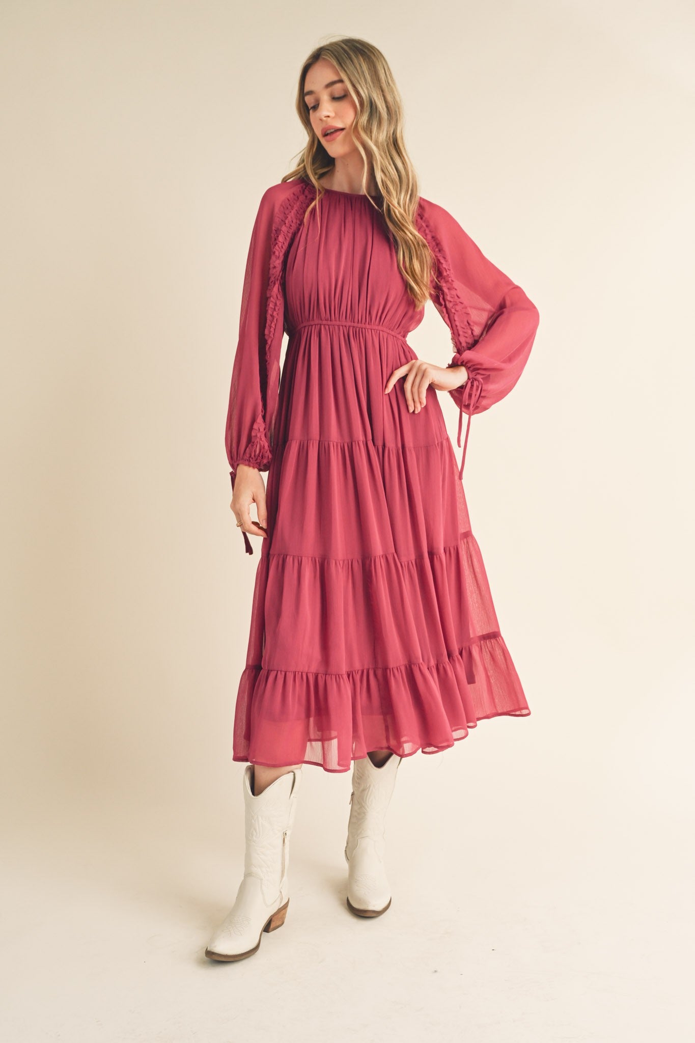 Magenta Tiered Ruffle Sleeve Midi Dress– PinkBlush