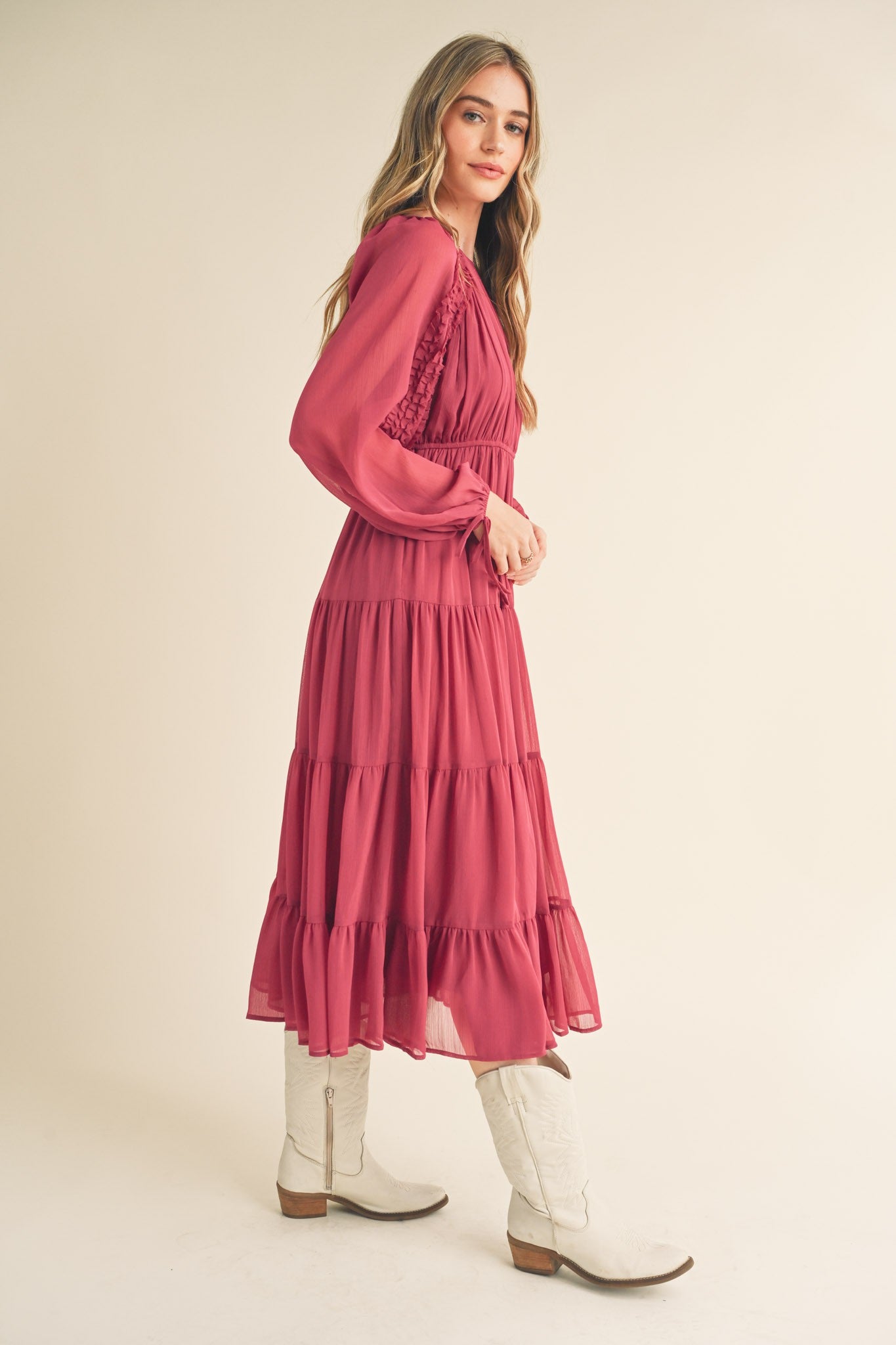 Magenta Tiered Ruffle Sleeve Midi Dress– PinkBlush