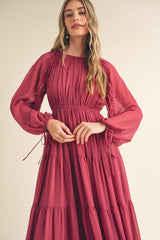 Magenta Tiered Ruffle Sleeve Midi Dress