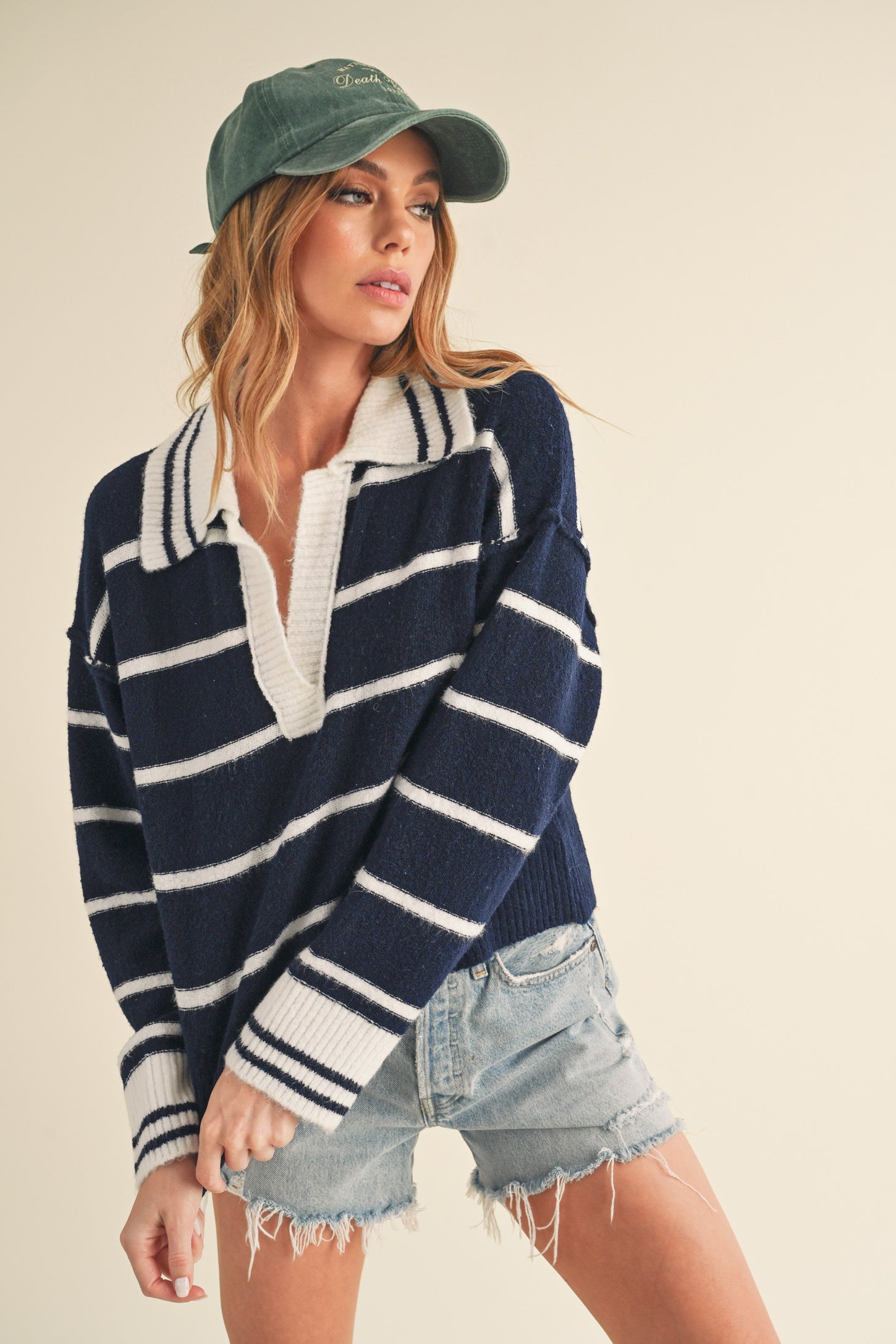 Sweater with Collar - White/black striped - Ladies