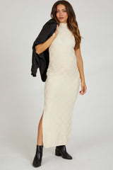 Cream Checkered Mock Neck Maternity Maxi Dress