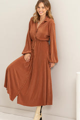 Brown Tie-Belt Shirt Dress With Pleated Fabric