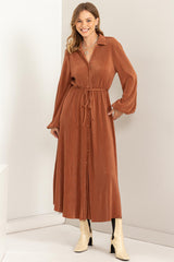 Brown Tie-Belt Shirt Dress With Pleated Fabric