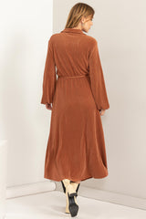 Brown Tie-Belt Shirt Dress With Pleated Fabric