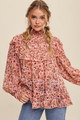 Rose Floral Print Smocked Mock Neck Ruffle Blouse Top