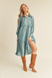 Dusty Sage Blue Button Down Tiered Midi Dress