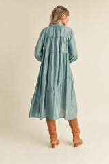 Dusty Sage Blue Button Down Tiered Midi Dress