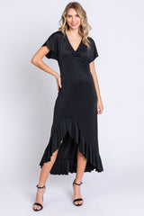 Black V-Neck Ruffle Hi-Low Midi Dress