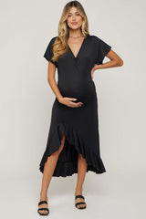 Black V-Neck Ruffle Hi-Low Maternity Midi Dress