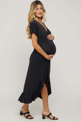 Black V-Neck Ruffle Hi-Low Maternity Midi Dress