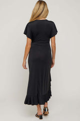 Black V-Neck Ruffle Hi-Low Maternity Midi Dress