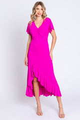 Fuchsia V-Neck Ruffle Hi-Low Maternity Midi Dress