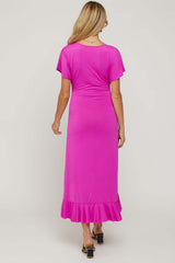 Fuchsia V-Neck Ruffle Hi-Low Maternity Midi Dress