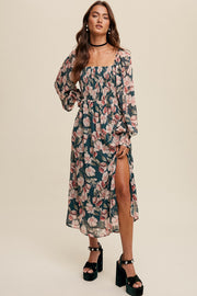 Hunter Green Floral Print Smocked Square Neck Maxi Dress