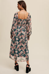 Hunter Green Floral Print Smocked Square Neck Maxi Dress