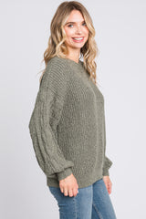 Light Olive Knit Puff Sleeve Sweater