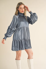 Dusty Denim Blue Mock Neck Tiered Mini Dress