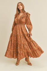 Caramel Floral Tiered Midi Dress With Shirred Detail