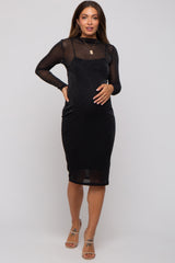 Black Shimmer Mesh Long Sleeve Maternity Dress