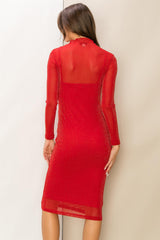 Red Shimmer Mesh Long Sleeve Dress