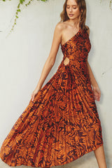 Rust Pleated Print One Shoulder Maxi Dress