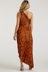 Rust Pleated Print One Shoulder Maternity Maxi Dress