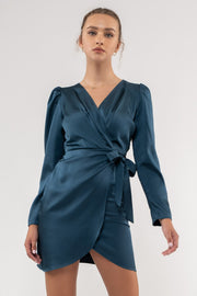 Dark Teal Solid Satin Surplice Wrap Mini Dress