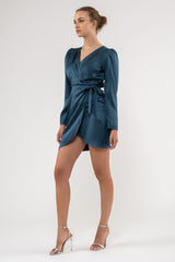 Dark Teal Solid Satin Surplice Wrap Mini Dress