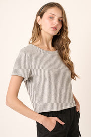 Ivory Black Striped Crinkle Knit Short Sleeve Crop Top