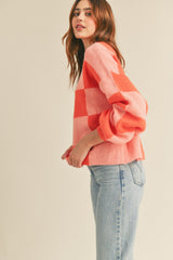 Orange Apricot Oversized Checkered Pullover Sweater