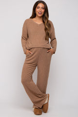 Mocha Ribbed Soft Knit Long Sleeve Maternity Pajama Set