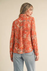 Rust Multi Floral Tie Neck Button-Down Floral Shirt