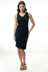 Black Ruched V-Neck Fitted Dress