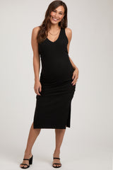 Black Ruched V-Neck Maternity Fitted Dress