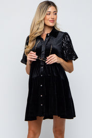 Black Velvet Tiered Sequin Short Sleeve Maternity Dress