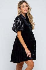 Black Velvet Tiered Sequin Short Sleeve Maternity Dress