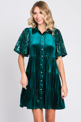 Forest Green Velvet Tiered Sequin Short Sleeve Maternity Dress