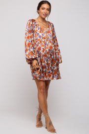 Rust Printed Long Sleeve Maternity Dress