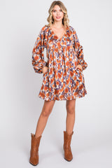 Rust Printed Long Sleeve Dress