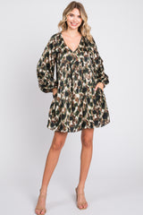 Olive Printed Long Sleeve Dress